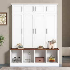 White Multi-Functional Hall Tree Entryway Cabinet with 4-Hidden Hanging Hooks and Brown Wood Grain Bench