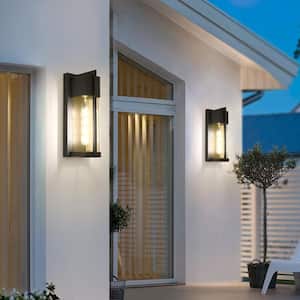 Montpelier Black/Sand Black 13 in. H Hardwired Water Glass Outdoor Wall Lantern Sconce with Dusk to Dawn (Set of 2)