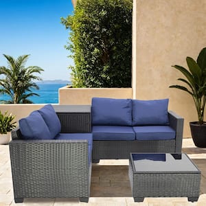 4-Piece Patio Wicker Sectional Sofa Set with Navy Blue Cushions, Storage Box and Glass Coffee Table