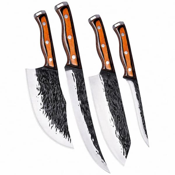 4-Piece Hand Forged High Carbon Steel Butcher Knife Set, Meat Cleaver, Serbian Chef Knife, Breaking Knife, Boning Knife