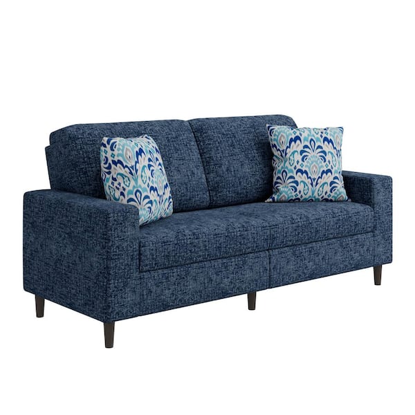 Handy Living Copeland 77.5 in. Square Arm Fabric Rectangle Modern Sofa in. Textured Navy Blue Chenille with 2 Throw Pillows