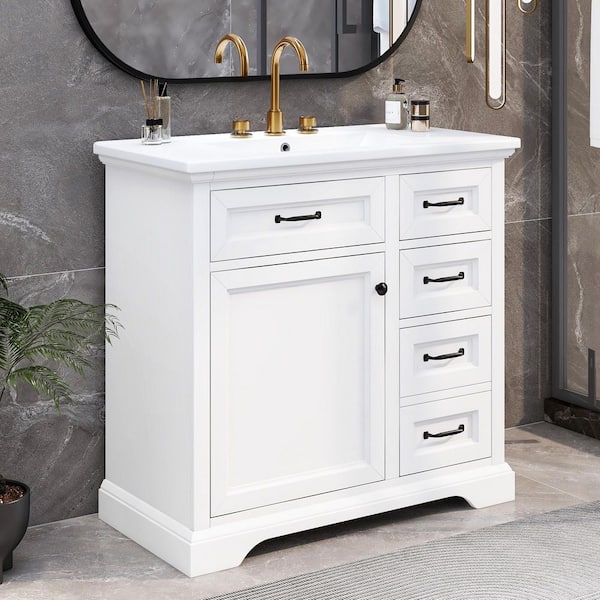 36 in. Single Sink Freestanding White Bath Vanity with White Ceramic Top, Adjustable Shelves, Black Handle and Knob