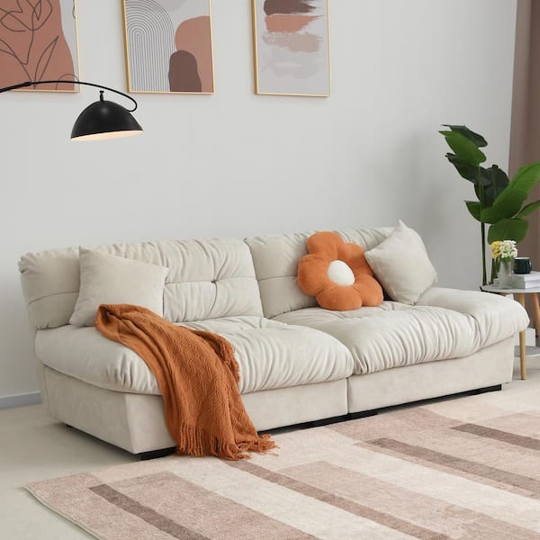 89.1 in. Square Arm Frosted Velvet 3-Seater Rectangle Sofa in. Beige