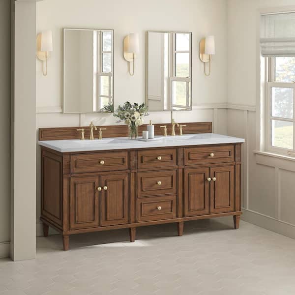 James Martin Vanities Lorelai 72.0 in. W. x 23.5 in. D x 34.06 in. H Double Vanity in Mid-Century Walnut with Arctic Fall Solid Surface Top