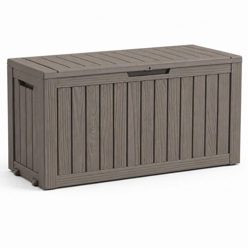 Wood Grain 90 Gal. Large Brown Resin Deck Box with Wheels Lockable Lid Side Handles for Patio Storage