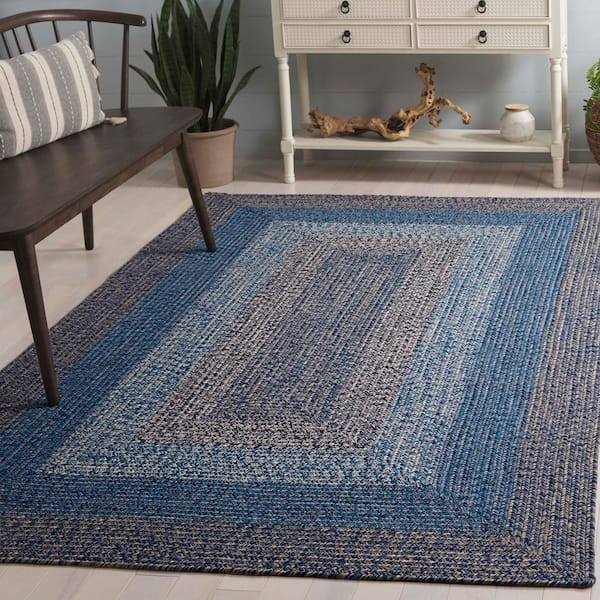 Braided Navy/Blue 5 ft. x 8 ft. Machine Washable Solid Striped Border Area Rug