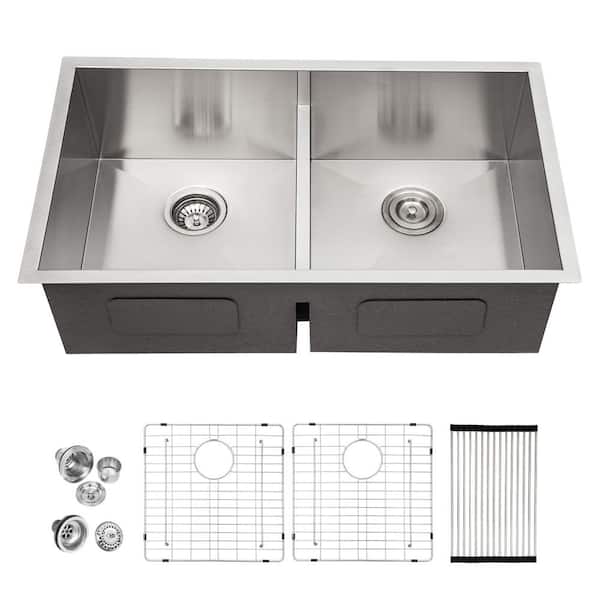 33 in. Undermount Sink Double Bowl 50 50 16-Gauge Brushed Stainless Steel Kitchen Sink with Low Divide