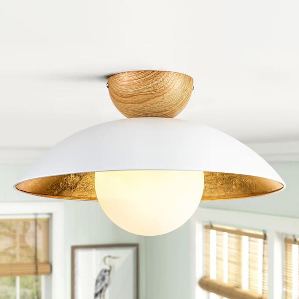 Rennnsan Dylan 14.56 in. 1-Light White with Brushed Gold Semi-Flush Mount Light