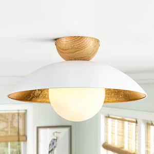 Dylan 14.56 in. 1-Light White with Brushed Gold Semi-Flush Mount Light