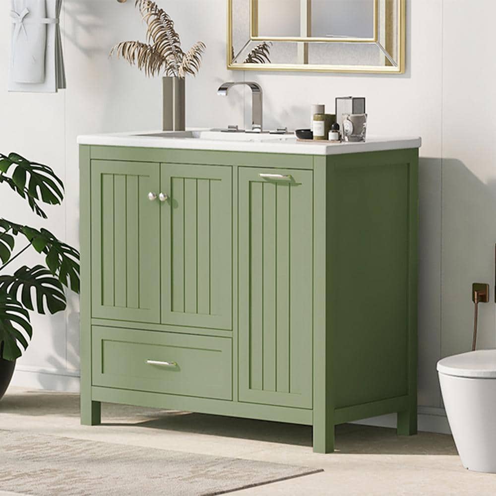 36 in. W x 18 in. D x 34 in. H Single Sink Freestanding Bath Vanity in Gree