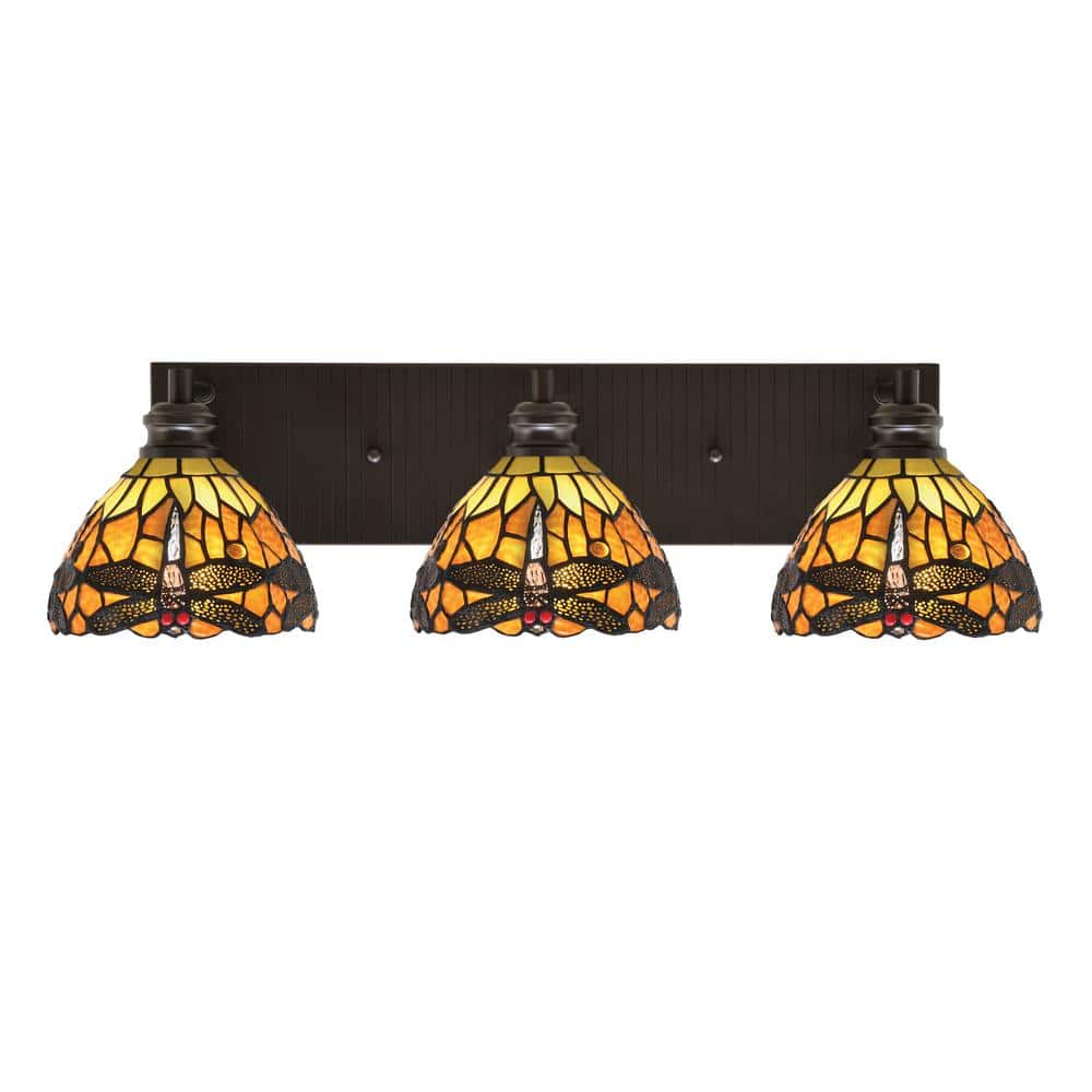 Albany 25 in. 3-Light Espresso Vanity Light with Amber Dragonfly Art Glass 