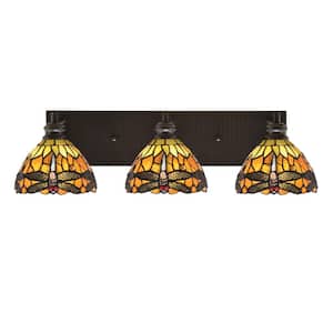 Albany 25 in. 3-Light Espresso Vanity Light with Amber Dragonfly Art Glass Shades