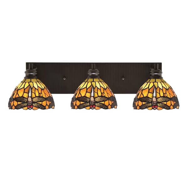 Unbranded Albany 25 in. 3-Light Espresso Vanity Light with Amber Dragonfly Art Glass Shades