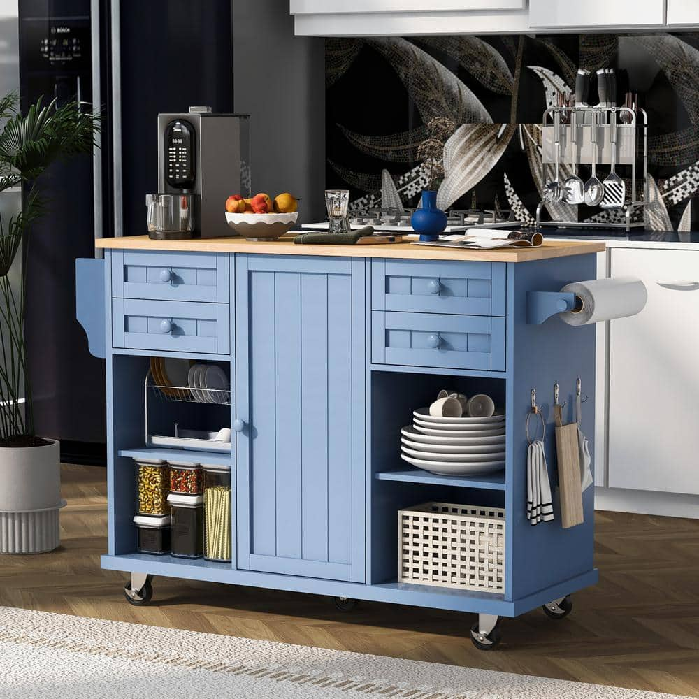 Blue Kitchen Cart With Drawer And Rubber Wood Desktop Wf296lyp868aag 