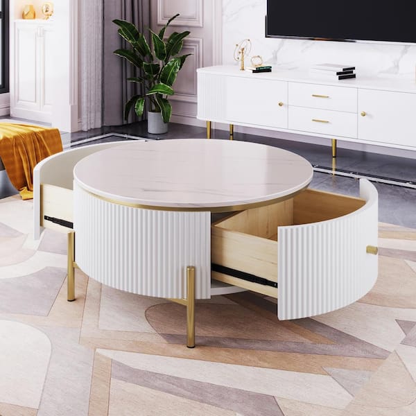 Harper & Bright Designs Modern 31.5 in. White Round MDF Top Coffee Table with 2-Large Storage Drawers and Gold Legs