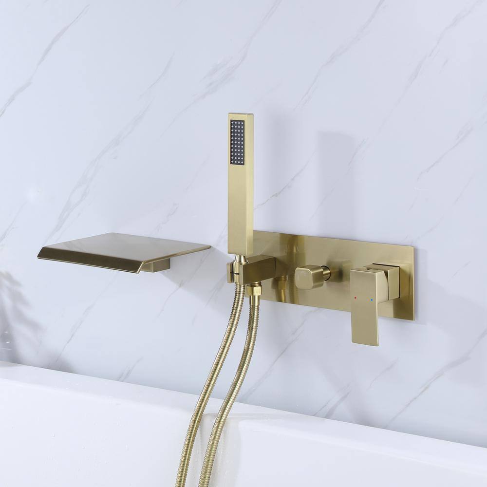 Brushed Gold Wall-Mounted Waterfall Tub Filler with Hand Shower