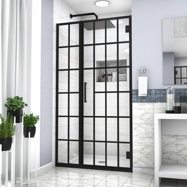 ANGELES HOME 34 in. W x 72 in. H Pivot Frameless Shower Door in Matte Black with Pattern Glass