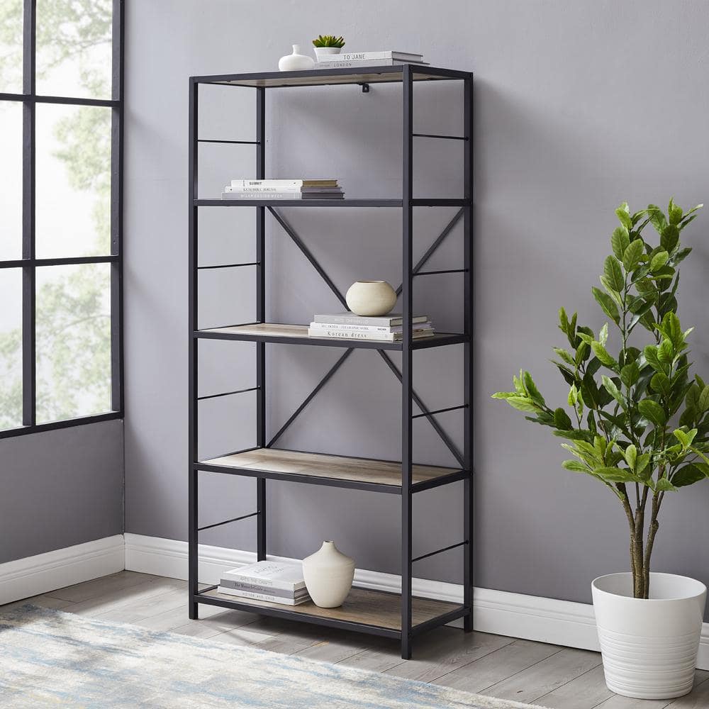 Walker Edison Furniture Company 63 in. Gray Wash/Black Metal 4-shelf ...