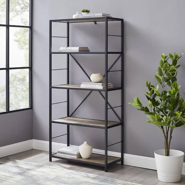Walker Edison Furniture Company 63 in. Gray Wash/Black Metal 4-shelf Etagere Bookcase with Open Back