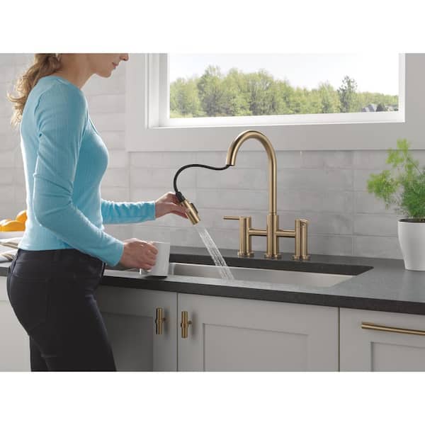 Nicoli Gold Double Handle Bridge Kitchen Faucet in Champagne Bronze