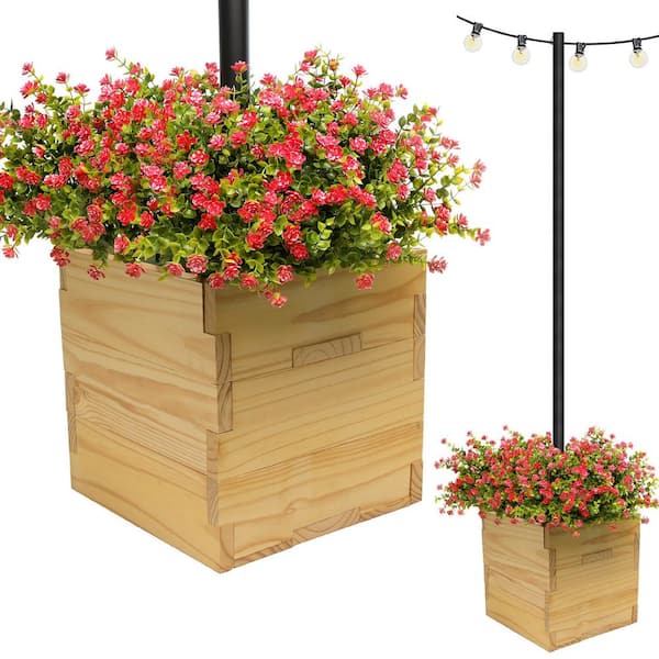 EXCELLO GLOBAL PRODUCTS Extra Large 18 in. Natural Wooden Planter Box with String Light Pole Sleeve