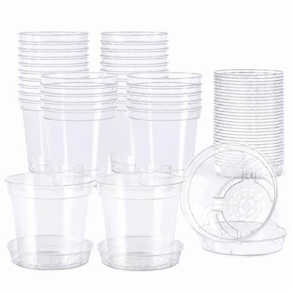 30 Pack 4 in Clear Plastic Nursery Pots with Drainage Holes and Matching Plant Saucers, Thick-Walled