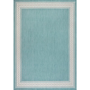 Lucia Classic Diamond Border Aqua/Light Gray 5 ft. x 8 ft. Indoor/Outdoor Area Rug