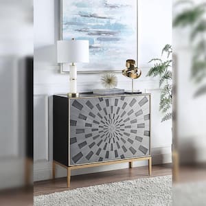 Quilla 39 in. Black, Gray and Brass Rectangle Wood Console Table with 2 Doors