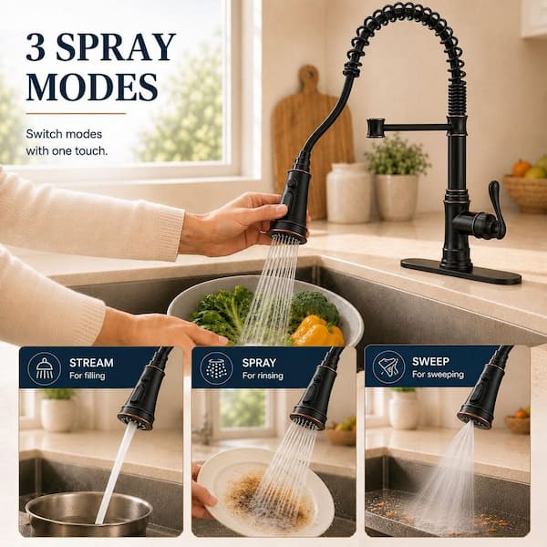 Single-Handle Pull-Down Sprayer 3 Spray High Arc Kitchen Faucet With Deck Plate in Oil Rubbed Bronze