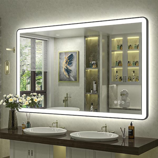 48 in. W x 30 in. H Rectangular Framed Front & Back LED Lighted Anti-Fog Wall Bathroom Vanity Mirror in Tempered Glass