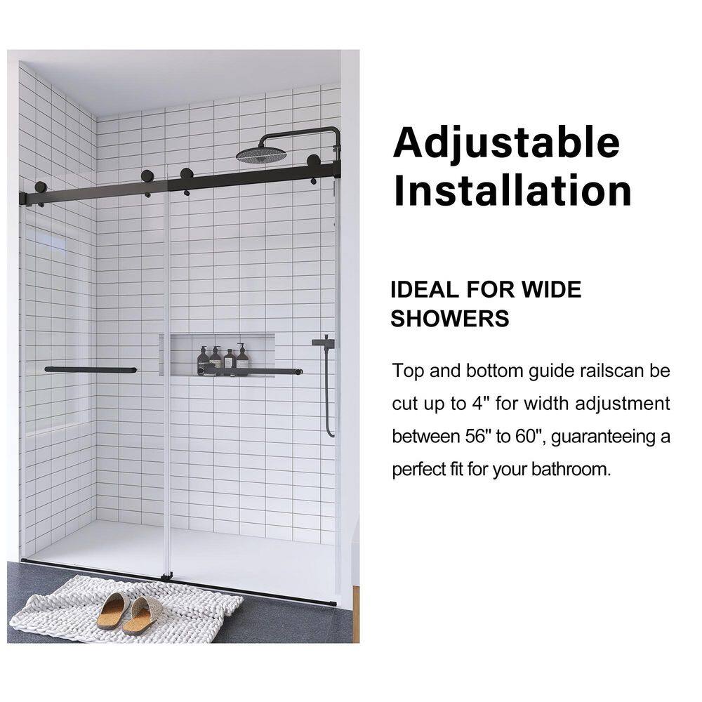 56-60" Frameless Clear Glass Double Sliding Shower Door in Matte Black