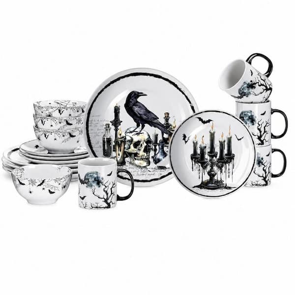 16-Piece Black Halloween Gothic Ceramic Dinnerware Service for 4, Spooky Kitchen Decoration, Dessert Plate Bowl Mug