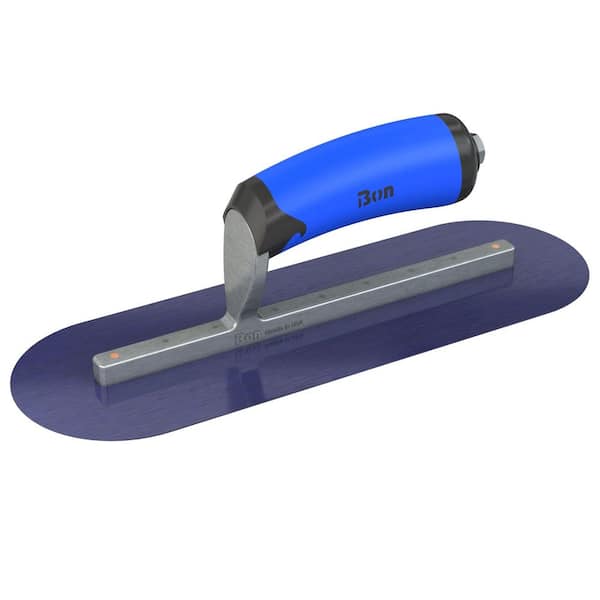 Bon Tool 12 in. x 4 in. Blue Steel Round End Finish Trowel with Comfort Wave Handle and Long Shank