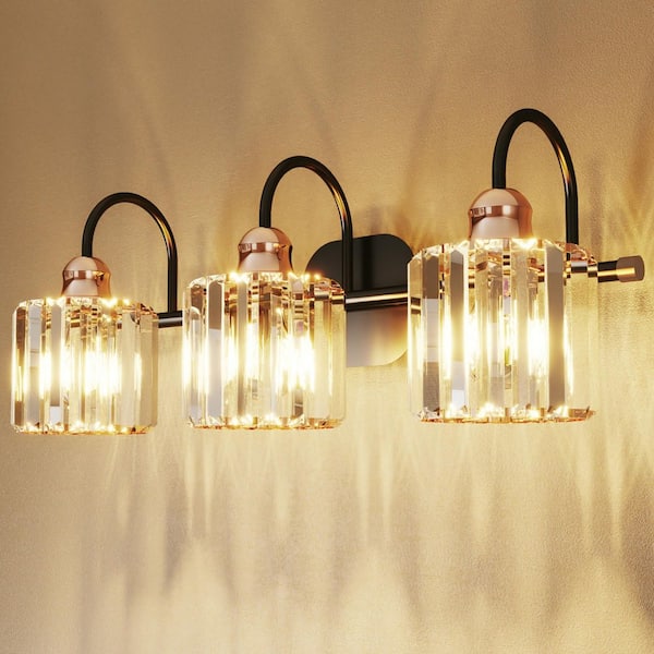 ExBrite 23.13 in. 3-Light Brass Black Vanity Lighting with Crystal Glass Shades