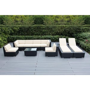 Black 9-Piece Wicker Patio Combo Conversation Set with Supercrylic Beige Cushions