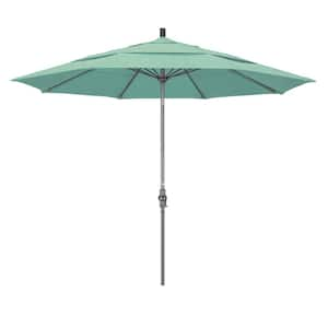 11 ft. Hammertone Grey Aluminum Market Patio Umbrella with Collar Tilt Crank Lift in Spectrum Mist Sunbrella