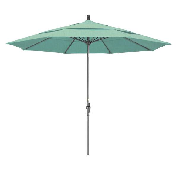 California Umbrella 11 ft. Hammertone Grey Aluminum Market Patio Umbrella with Collar Tilt Crank Lift in Spectrum Mist Sunbrella