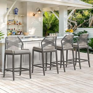 Shanks Rattan Aluminum Frame Slate Gray Boho Counter Height Outdoor Bar Stool with Woven Rope Back (Set of 4)