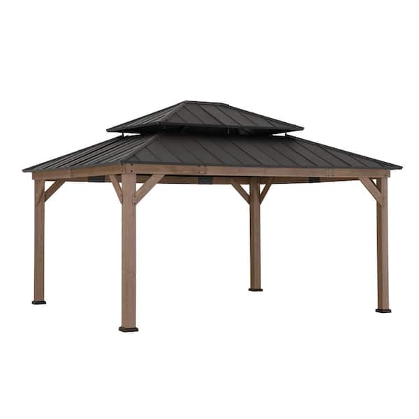 Sunjoy Archwood 13 ft. x 15 ft. Cedar Framed Gazebo with Brown Steel 2-Tier Hip Roof Hard Top