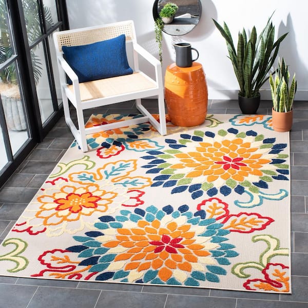 Cabana Ivory/Orange 3 ft. x 3 ft. Floral Abstract Indoor/Outdoor Square Area Rug