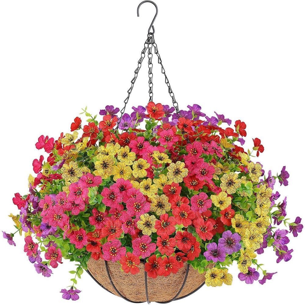 15 in. Multi-Colored Outdoor Hanging Artificial Eucalyptus in Black Basket