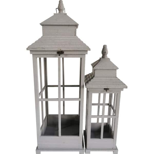 29.5 in. and 36 in. Backyard Expressions White Indoor/Outdoor Wooden  Lantern Set (2-Pack)