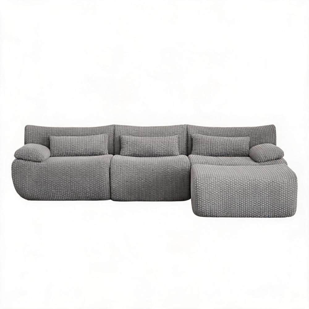 Cloud Boneless Collection 72 in. Wide Flared Arm Corduroy Modular L-Shape Sofa with Plush Pocket Spring Support in Grey