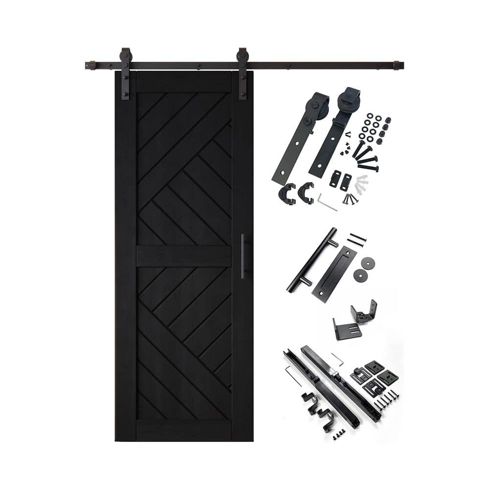 HT 26 in. x 80 in. C-Panel Black Geometric Design Solid Pine Wood Sliding Barn Door with Hardware Kit price history on PriceWatchPro