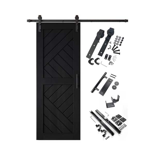 HT 26 in. x 80 in. C-Panel Black Geometric Design Solid Pine Wood Sliding Barn Door with Hardware Kit