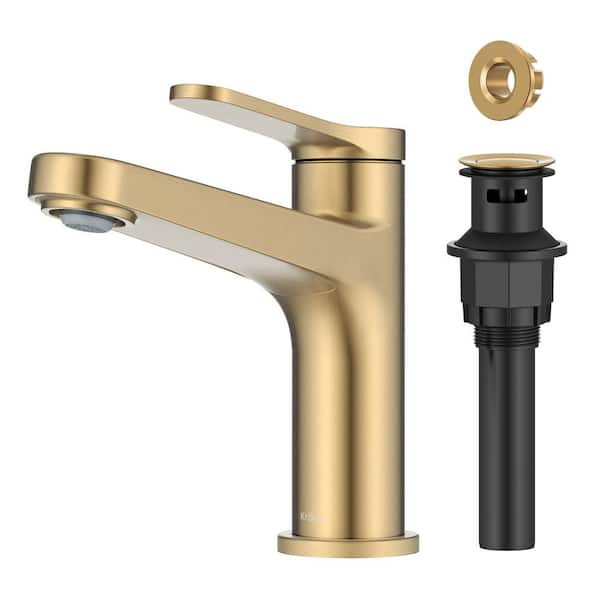 Indy Single Handle Bathroom Faucet in Spot-Free Brushed Brass with Pop Up Drain and Supply Lines