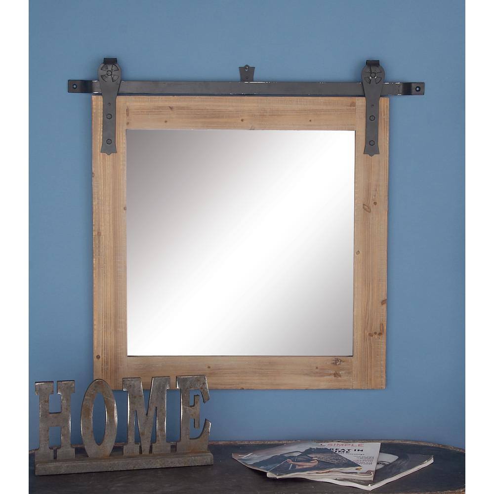 Rustic Industrial Pine Wood Square Wall Mirror, 31" x 31"