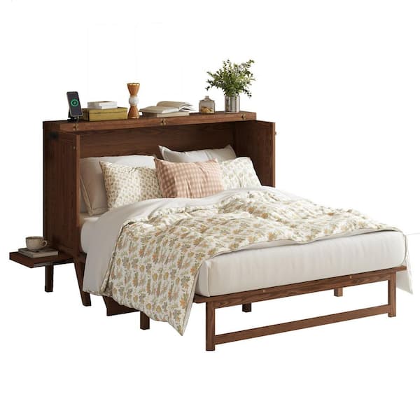 Chablis Brown Wood Frame Queen Size Murphy Bed with USB Port and Removable Shelves on Each Side