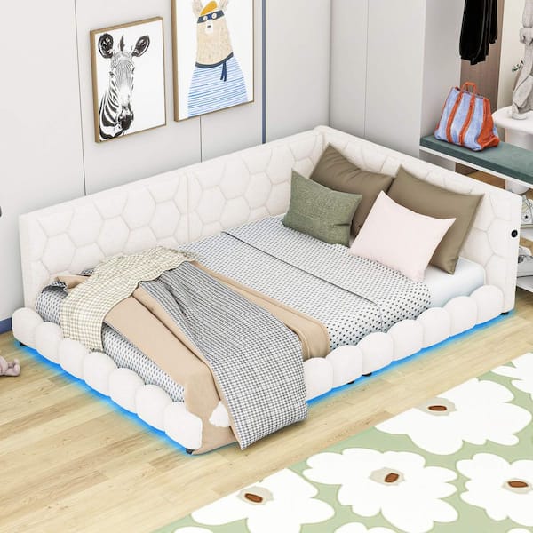White Wood Frame Full Size Platform Bed with USB Ports and LED belt