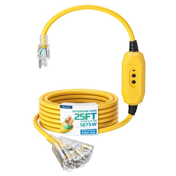 25 ft. 12/3 Heavy Duty SJTW 15 Amps Auto Reset GFCI Extension Cord For Indoor/Outdoor Use